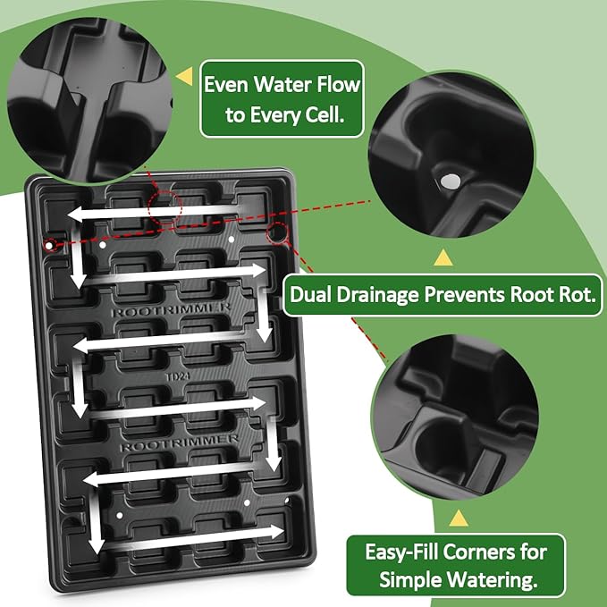 24 Cell Nursery Pots Trays 10 Pack (17"x11"x1.6"), Reusable Plastic Plant Pot Tray with Drain Holes, Carrying Seed Starter Tray for Holding 3 inch Square Nursery Pots (Black)