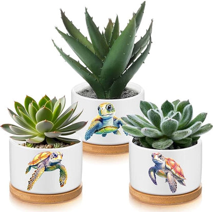 3 Pcs Decor Gift for Women Planter Ceramic Gift Animal Plant Pot with Bamboo Tray for Office Home Farm House Bathroom Kitchen Christmas Decorations (No Plants Included)(Sea Turtle)