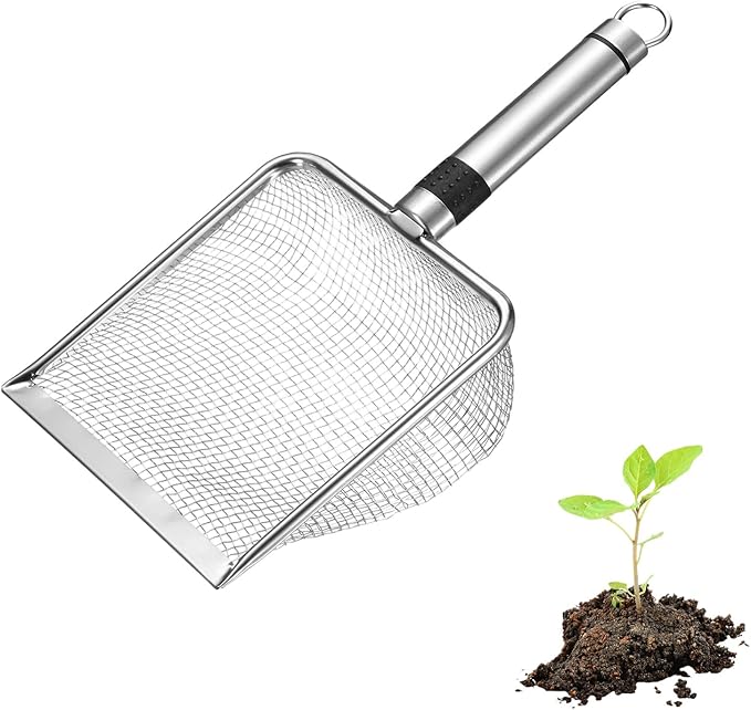 1-Pack Gardening Soil Sifter, 3.8 mm Mesh Stainless Steel Sand Soil Compost Sieve with Stainless Steel Handle for Sand/Dirt/Rock Compost, Screen Potting Scoop [Silver Tone]