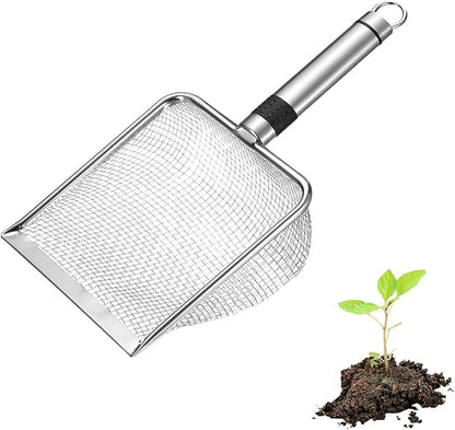 1-Pack Gardening Soil Sifter, 3.8 mm Mesh Stainless Steel Sand Soil Compost Sieve with Stainless Steel Handle for Sand/Dirt/Rock Compost, Screen Potting Scoop [Silver Tone]