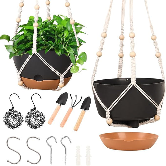 Hanging Planters for Indoor Plants, 2 Pack 8 Inch Self Watering Hanging Pots for Plants with Drainage Holes, Indoor Outdoor Hanging Flower Pots for Home Garden Ceiling Decor (Black)