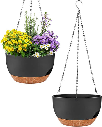 Set of 2-8 Inch Self Watering Hanging Planters for Indoor Outdoor，Hanging Plant Pots with Drainage & Removable Tray, Hanging Pots Holder for Ivy, Pothos, Ferns, Balcony & Patio, Black Brown