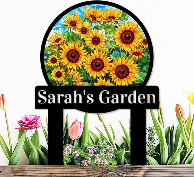 Personalized Sunflower Garden Sign with Stake, Custom Sunflower Garden Stake Plaque Metal Yard Sign, Customized Colorful Sunflower Patio Lawn Outdoor Decor Name Sign for Mom Grandma