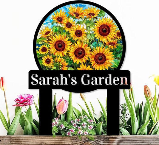 Personalized Sunflower Garden Sign with Stake, Custom Sunflower Garden Stake Plaque Metal Yard Sign, Customized Colorful Sunflower Patio Lawn Outdoor Decor Name Sign for Mom Grandma