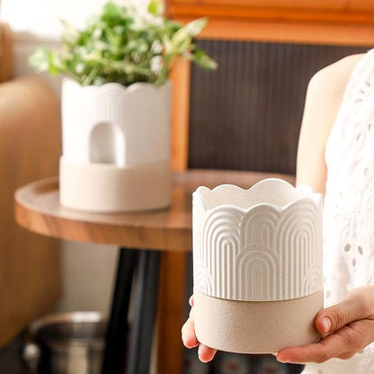 Nihow Self Watering Plant Pot: 4.5 Inch Ceramic Planter with Drainage Hole & Water Storage Plus for Indoor & Outdoor Plants - Cylinder Flower Pot for Herbs/Violets - Beige & Nature