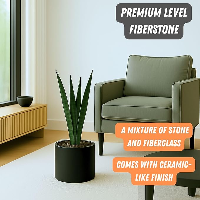 Fox & Fern 8 Inch Black Plant Pot with Drainage Plug — Premium Lightweight Fiberstone Matte Black Planter - 8 Inch Pots for Plants - for Indoor & Outdoor Use - Weather Resistant & UV Resistant