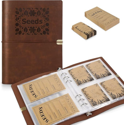 Seed Storage Organizer, Seed Packet Organizer Binder with 80Pcs Garden Seeds Storage Envelopes and 40 Clear Pocket Sheet Protectors for Protecting Vegetable Seeds (Brown, 9.1 x 6.5inch)