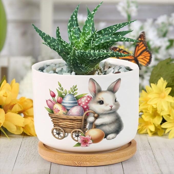 DreamAutumn Easter Bunny with Eggs Planter Ceramic Round Plant Pots with Drainage Holes and Bamboo Tray Planting Small Flower Pots for Home Windowsill Desk Garden Indoor Outdoor Use