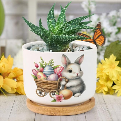 DreamAutumn Easter Bunny with Eggs Planter Ceramic Round Plant Pots with Drainage Holes and Bamboo Tray Planting Small Flower Pots for Home Windowsill Desk Garden Indoor Outdoor Use
