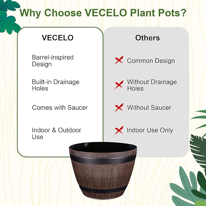 VECELO Plant Pots with Drainage Holes & Saucer, 13 Inch Flower Pots with Tray, 3 Pack Plastic Whiskey Barrel Planters for Indoor & Outdoor Garden Home Plants and Flowers