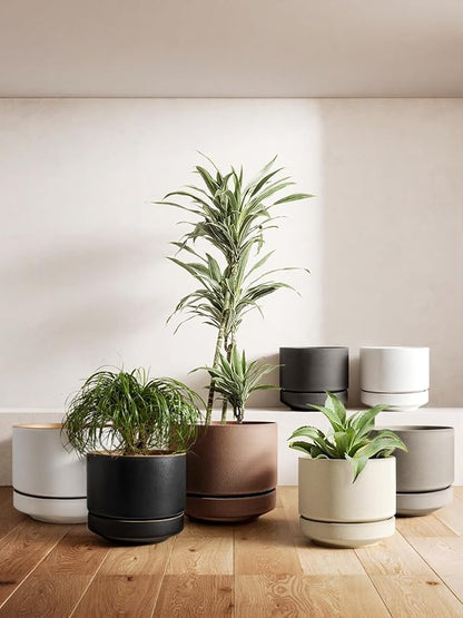 LE TAUCI 14 Inch Large Plant Pot with Saucer, Ceramic Outdoor & Indoor Big Planter with Drainage Hole, Mesh Pad & Plug Included, Matte Glazed Outside, Modern for Home and Patio, Obsidian Black & Ochre