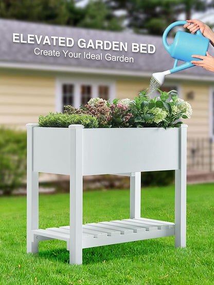Psilvam Raised Garden Bed (4'x2') - 34 Inch Tall Poly Lumber Planter Box with Storage Shelf & Waterproof Tarp, No Assembly Required, Rot Resistant & Zero Maintenance for Vegetables, Flowers