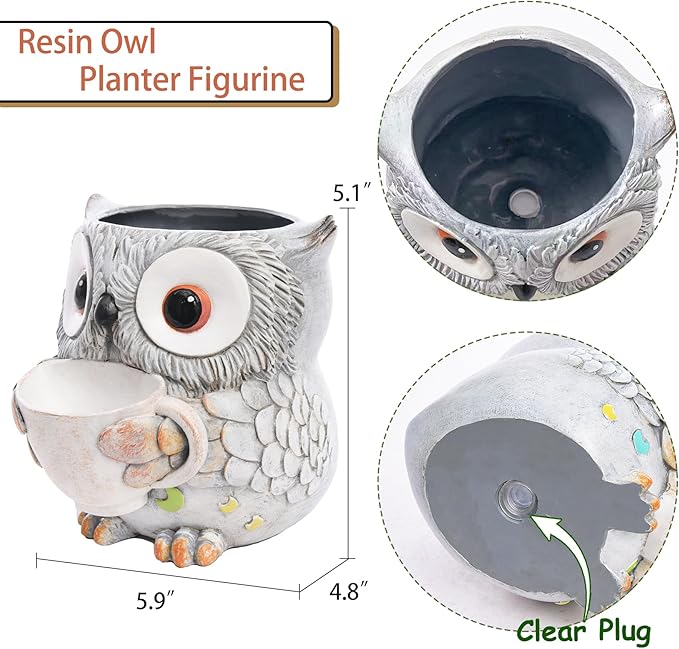 Unique Owl Plant Pots Indoor, Cute Small Succulent Pots with Drainage Hole, Watering Owl Planters for Indoor Outdoor Plants, Resin Flower Pot for String of Pearls, Gift Ideas for Mother