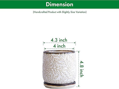 D'vine Dev 4 Inch Embossed Leaves Stoneware Planter Pot with Drainage Hole and Saucer, Smoked White, Set of 1, 27-A-Z-1