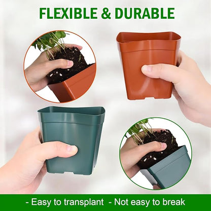 June Fox 100 Pack Green Red Square Nursery Pots with Drainage Holes 3.3 Inches Flexible Plastic Seedling Pots Square Pots for Plants, Succulent, Flower, with Plant Labels
