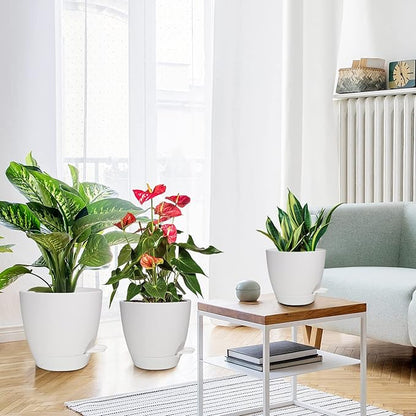 Planters for Indoor Plants, 8/7/6.5/6/5.5/5 Inch Self Watering Planters with Drainage Hole, Plastic Planters Flower Pots for Indoor Outdoor Plants (Matte White)