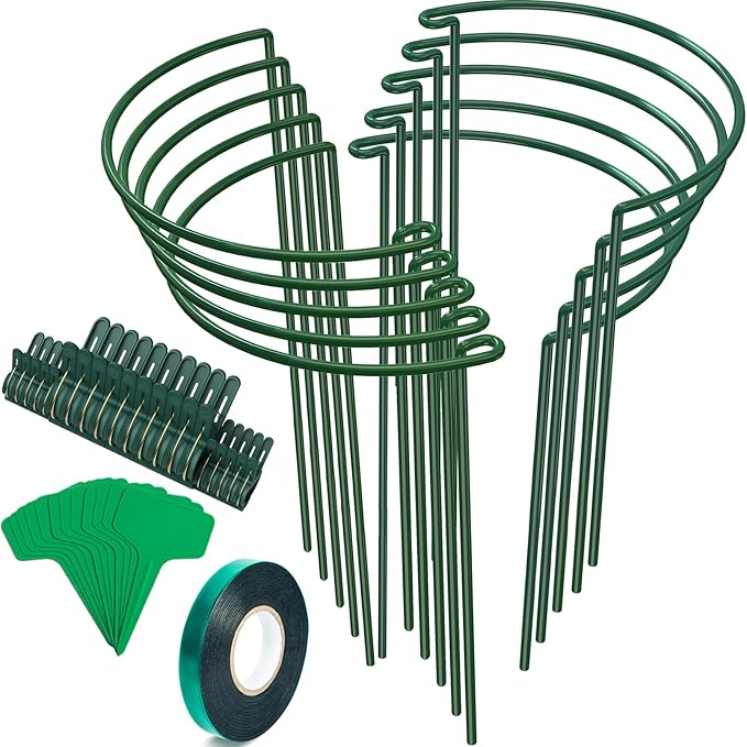 Unves 10 Pack Plant Support Stakes, 10" W x 16" H Half Round Peony Cages and Supports, Metal Peony Cage Plant Ring for Outdoor Plants Tomato Flower Vine, with Garden Labels, Clips and Ties