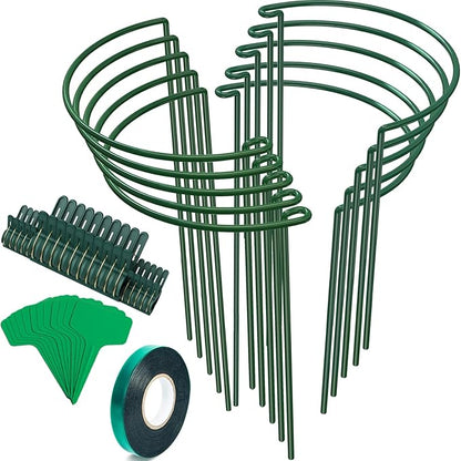 Unves 10 Pack Plant Support Stakes, 10" W x 16" H Half Round Peony Cages and Supports, Metal Peony Cage Plant Ring for Outdoor Plants Tomato Flower Vine, with Garden Labels, Clips and Ties