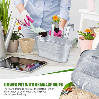 OBTANIM 4 Pack Metal Hanging Flower Pots Iron Railing Planter Outdoor Fence Hanging Pots Bucket Plant Holder with Detachable Hooks Drain Holes for Home Garden Yard Decor (Silvery)