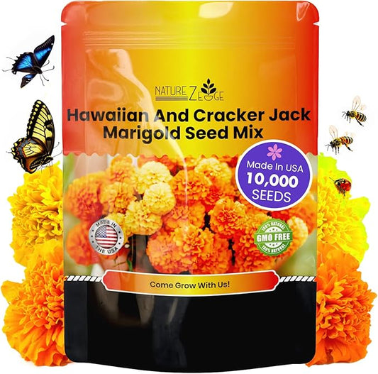 NatureZ Edge, Marigold Seeds for Planting Outdoors, 1 Ounce 10,000 Seed, Hawaiian and Cracker Jack Marigold Seeds, Made in USA, Companian Gardening Flower