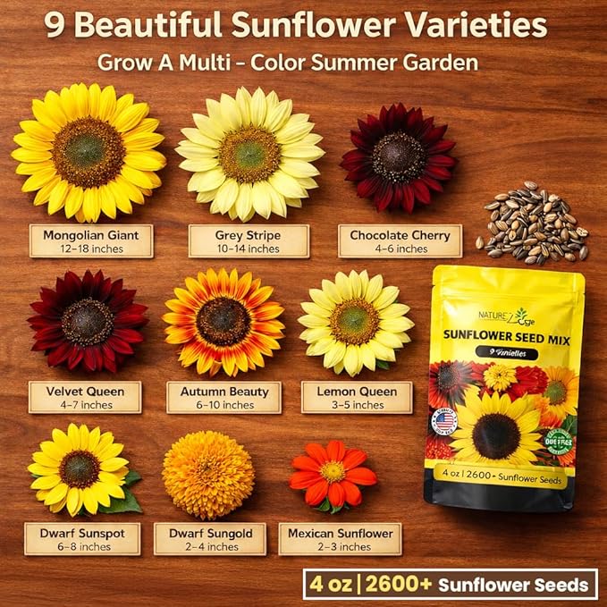 NatureZ Edge 2600+ Sunflower Seeds for Planting Bulk Variety Pack, Get More Sunflower Seeds to Plant, from Dwarf Sunflowers to Giant Sunflower Seeds, Includes Mammoth Sunflower Seeds, Non-GMO