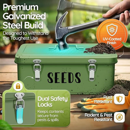 Flexzion Seed Saving Box - Metal Seed Storage Organizer Box with Lid, 4 Spacious Compartments Storage Bin for Garden Tools & More with Safety Locks, Green