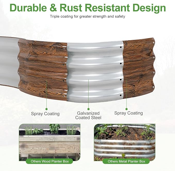 Galvanized Raised Garden Bed- 2Pcs Metal Planter Boxes Outdoor | 12" Tall 36" Round Steel Raised Bed Kit & Fire Pit Ring for Gardening with Protective Tape for Vegetables (Wood Grain)