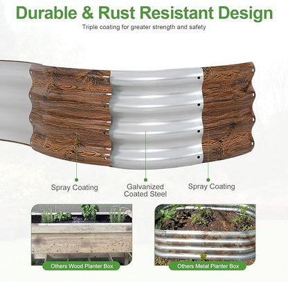 Galvanized Raised Garden Bed- 2Pcs Metal Planter Boxes Outdoor | 12" Tall 36" Round Steel Raised Bed Kit & Fire Pit Ring for Gardening with Protective Tape for Vegetables (Wood Grain)