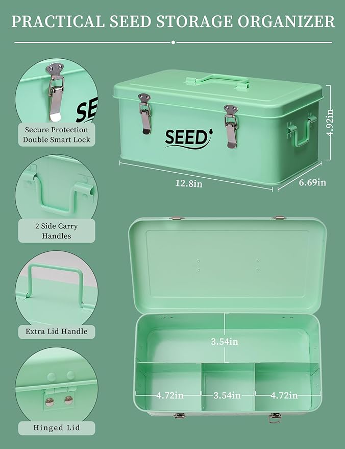 Seed Storage Organizer, Metal Seed Storage Box with Lid and Safety Locks, Seed Bin Packet Container with 12 Seed Bottles, 20 Seed Envelopes, Funnel, Marker Pen and Label Stickers