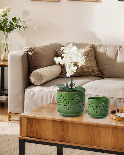 EFISPSS Orchid Pots with Holes,5+6 Inch Ceramic Plant Pots with Drainage Holes and Tray,Enhanced Drainage and Ventilation,Flower Pots for Indoor/Outdoor Plants for Repotting - Green