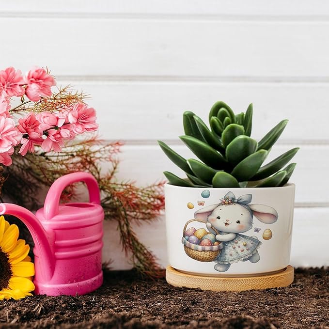 DreamAutumn Easter Bunny Flower Basket Ceramic Planters Ceramic Pots with Saucers Orchid Pots for Plants Succulents Pots Office Desk Garden Balconys New Home Decor,Gifts for Mom Mother Grandmother