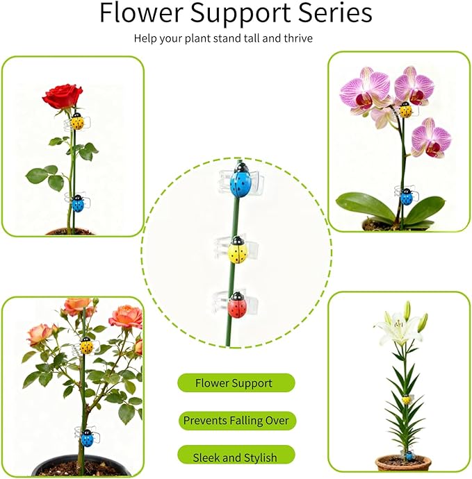 16.5 Inch Plant Stakes - 10 Pcs Bendable Orchid Stakes Green with 10 Clips & 5 Adorable Ladybug Clips for Indoor Outdoor Potted Plants, Orchids, Tomatoes, Flowers Gardening