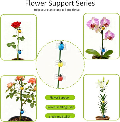 16.5 Inch Plant Stakes - 10 Pcs Bendable Orchid Stakes Green with 10 Clips & 5 Adorable Ladybug Clips for Indoor Outdoor Potted Plants, Orchids, Tomatoes, Flowers Gardening