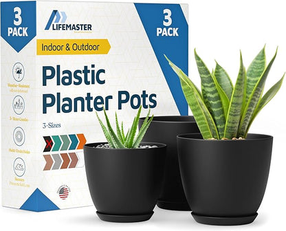 Black Plant Pots with Drainage Holes & Saucers 3 Pack, Indoor & Outdoor Stackable Space-Saving Planters for Houseplants & Flowers, (7", 6.7", and 6" Inches), Durable & Weatherproof Materials