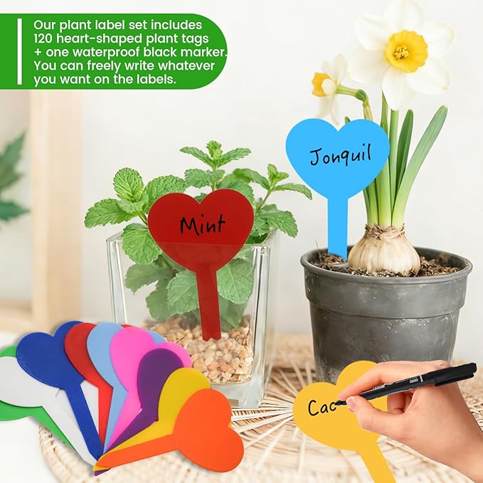120PCS Plant Labels for Seedlings Garden Markers Plastic Plant Labels for Outdoor Garden Waterproof Heart Shaped Tags for Plants with Permanet Marking Pen Gardening Supplies