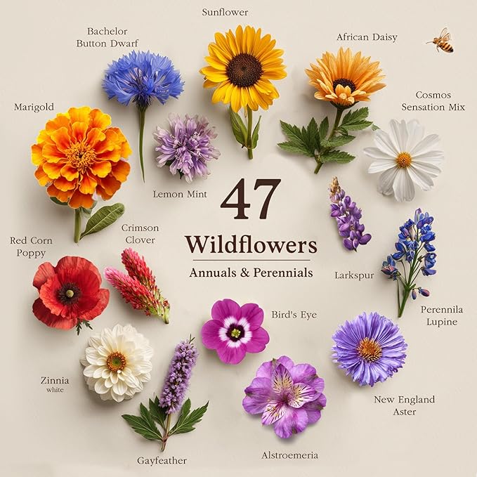 Seedboy Wildflowers for Pollinators Seed Mix – 2 oz Bulk Wildflower Seeds - 40,000+ Non-GMO Seeds for Bees Butterflies Hummingbirds – 47 Varieties of Annual & Perennial Wild Flowers for Planting (2oz)