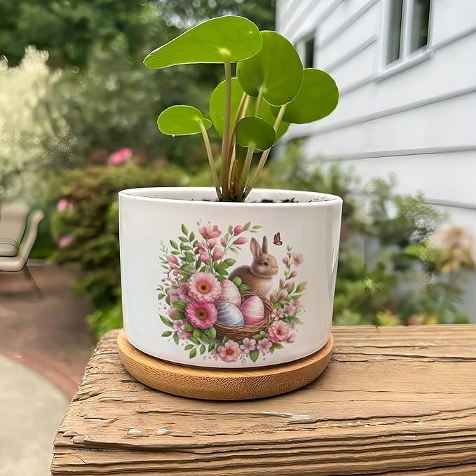 Vintage Easter Bunny with Pink Flower Ceramic Planters Ceramic Pots With Saucers Orchid Pots for Plants Succulents Pots Office Desk Garden Balconys New Home Decor,Gifts for Mom Mother Grandmother