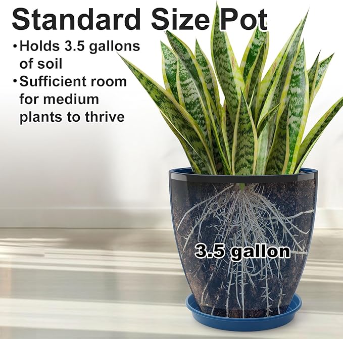 GameXcel Flower Pot Indoor - Outdoor Plant Pot - Navy Blue Glossy Planter - Elegant Ceramics Imitation - 12" Diameter 12" Tall with Drainage Holes and Saucer 2 Pack