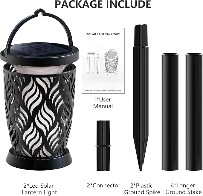 Solar Lanterns Outdoor Waterproof ,2 Pack Flickering Solar Flame Lights Upgraded Hanging Flame Lantern Pathway Torch Light Table Lamp, Auto On/ Off Porch Yard Gifts (1 Lighting Mode)