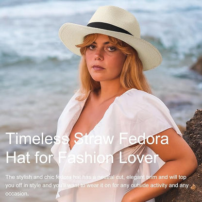 DRESHOW Women Straw Panama Hat Travel Fedora Beach Sun Hat Summer Wide Brim Straw Roll up Hat UPF 50+
