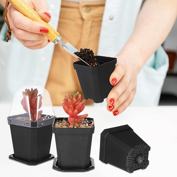 Black Plant Nursery Pots: 5Pcs Seeding Starter Pots, 3 Square Nursery Pot with Humidity Dome, Plastic Plant Container for Garden Vegetable Flower Germination