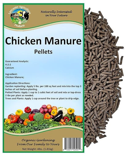 Chicken Manure Pellets 4 Pounds - Nutrient-Rich, Slow-Release Fertilizer with Nitrogen, Phosphorus & Potassium for Healthy Plant Growth and Soil Improvement - Lancaster Agriculture Products