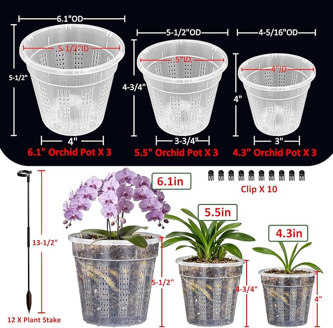 Orchid Pots, 9 Pack Orchid Pots with Holes and 12Pcs Plant Stakes, 3 Each of 4.3",5.5",6.1" Clear Plastic Plant Pot for Indoor Outdoor Plants(3 Each of 4.3",5.5",6.1")