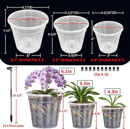 Orchid Pots, 9 Pack Orchid Pots with Holes and 12Pcs Plant Stakes, 3 Each of 4.3",5.5",6.1" Clear Plastic Plant Pot for Indoor Outdoor Plants(3 Each of 4.3",5.5",6.1")