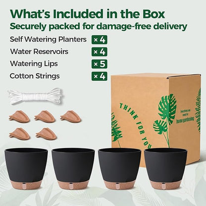 T4U 6 Inch Self Watering Pots for Indoor Plants - Mess-Free Bottom Watering Planter for Herbs/Pothos/Succulent Plants, Indoor Outdoor Use (Black, 4 Pack)