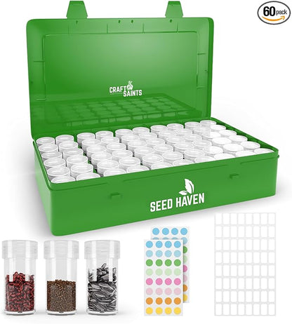 Seed Organizer Storage Box, Black Opaque Light Proof Seed Bank with 60 Transparent Bottles & Labels, Seed Holder Packet Organizer, Seed Vault Container for Homesteaders, Garden Tackle and Bead Sorter