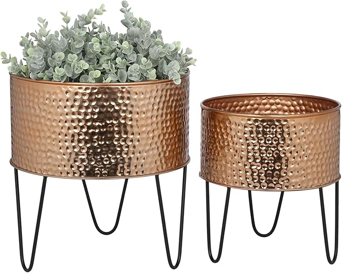 MyGift Modern Hammered Copper Tone Planter Pot, 8 and 10 Inch Metal Round Plant Container with Matte Black Wire Stand, Set of 2 - Handcrafted in India
