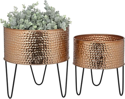 MyGift Modern Hammered Copper Tone Planter Pot, 8 and 10 Inch Metal Round Plant Container with Matte Black Wire Stand, Set of 2 - Handcrafted in India