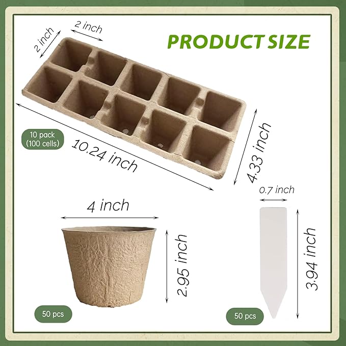 200 pcs Seed Starter Pots Kits Include 50pcs 4 Inch Peat Pots with Drainage Holes 100 Cells 2 Inch Seedling Starter Trays and 50 Pcs Plant Labels Outdoor Garden Germination Nursery Pots