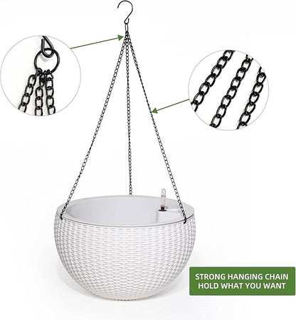Dexceder 9 Inch Self Watering Hanging Planters Indoor Outdoor, Thickened Hanging Basket Flower Plant Pot with Water Level Indicator (White)